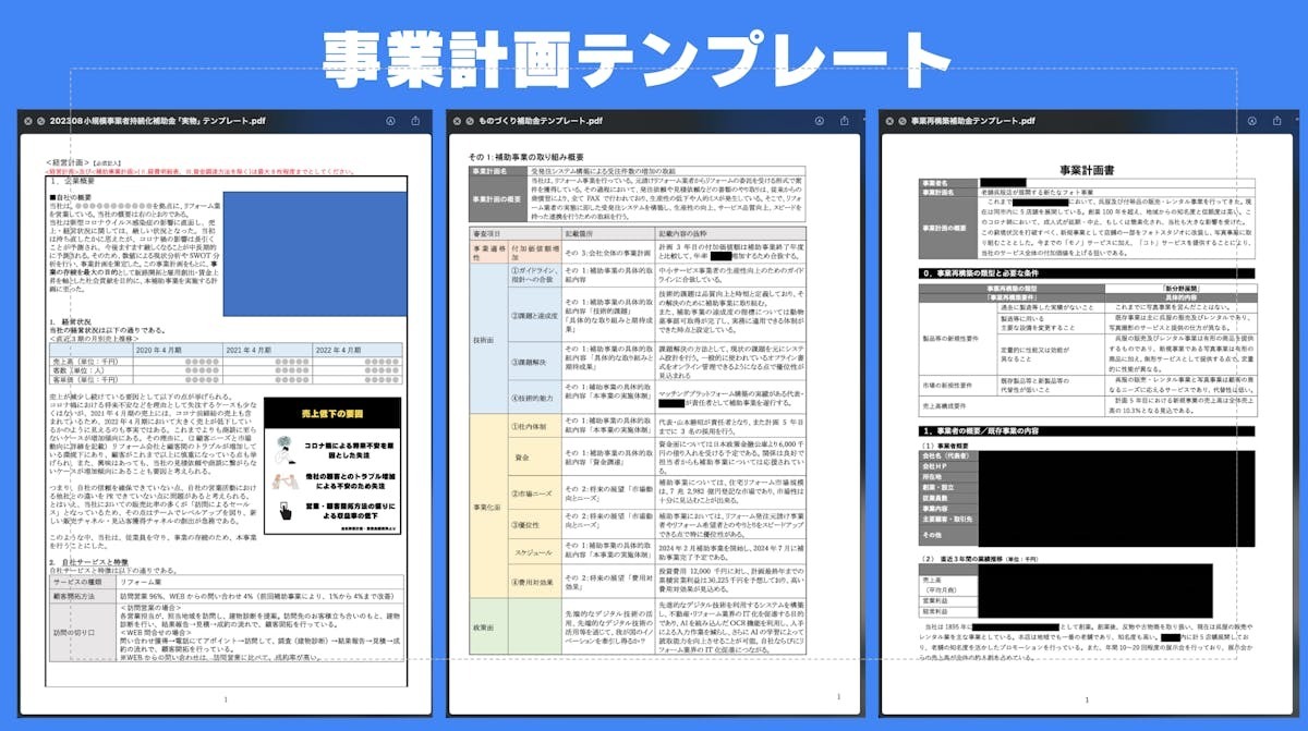主要補助金の事業計画テンプレート3種
